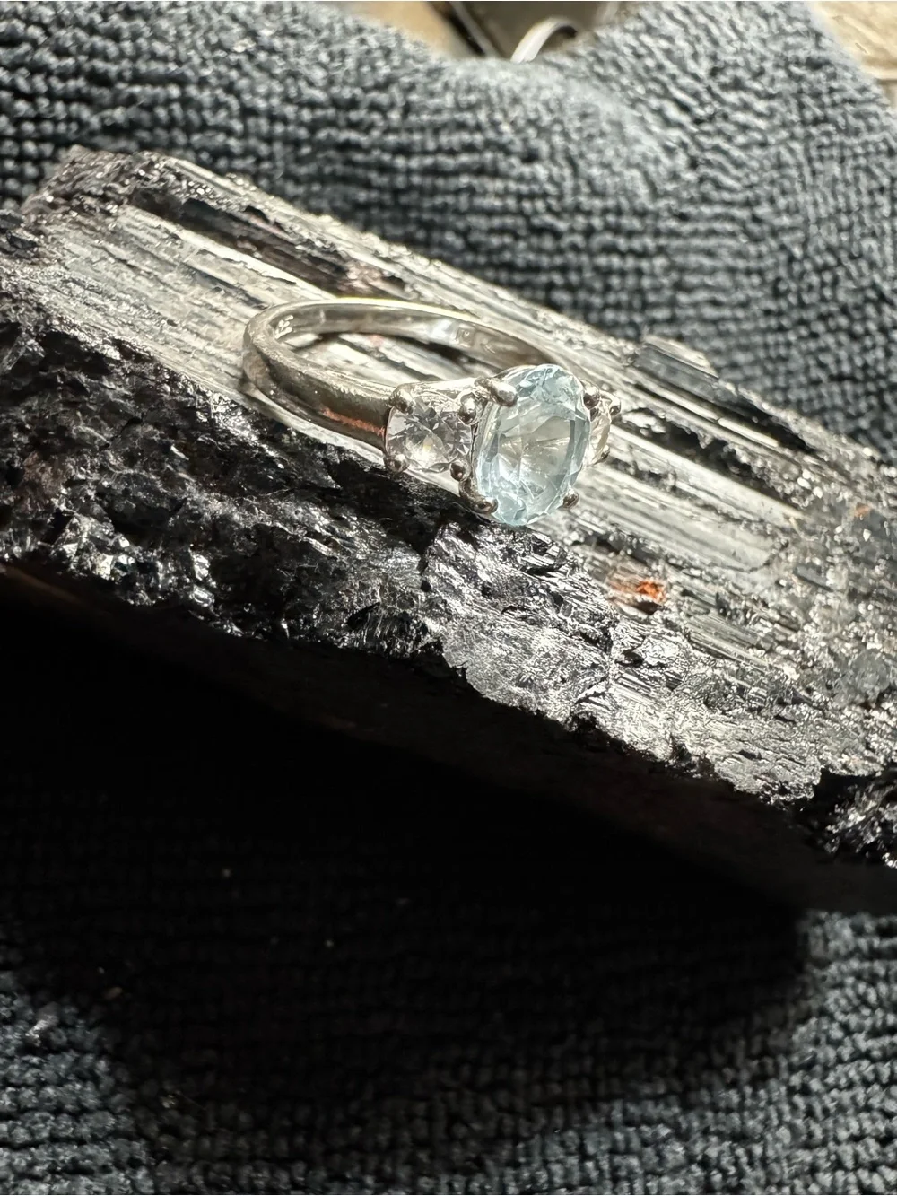 Vintage Solid .925 Sterling Silver Three-Stone Oval Blue Topaz Ring
